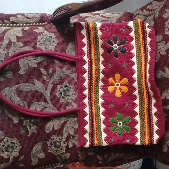 Bohemian Flower Embroidered Fabric Bag, zipper closure,  inside zip pockets - Picture 1 of 4
